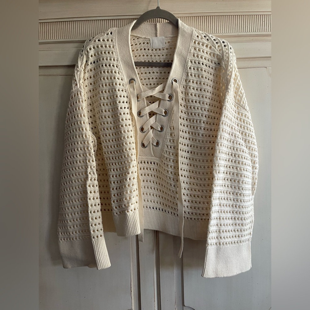 H&M Cream Lace-Up V-Neck Sweater Women’s Sz Large Summer Beach Nautical Festival